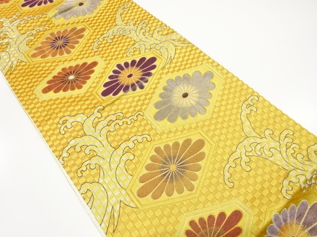 JAPANESE KIMONO / ANTIQUE FUKURO OBI / WOVEN FLORAL KIKKO & RAGING WAVES